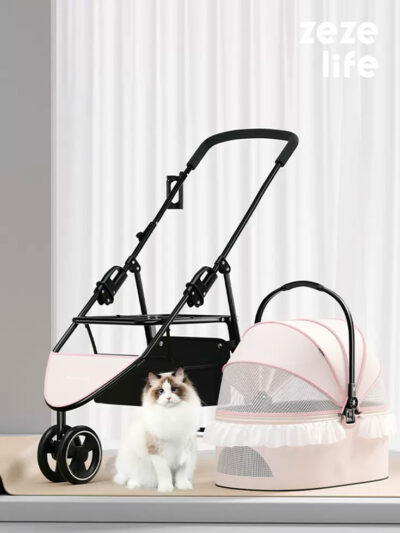 Foldable 3-Color Cat Stroller Pet Carrier With Wheels