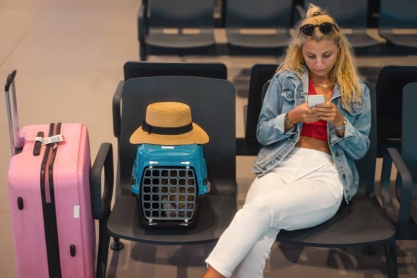 blonde woman sitting with suitcase at airport